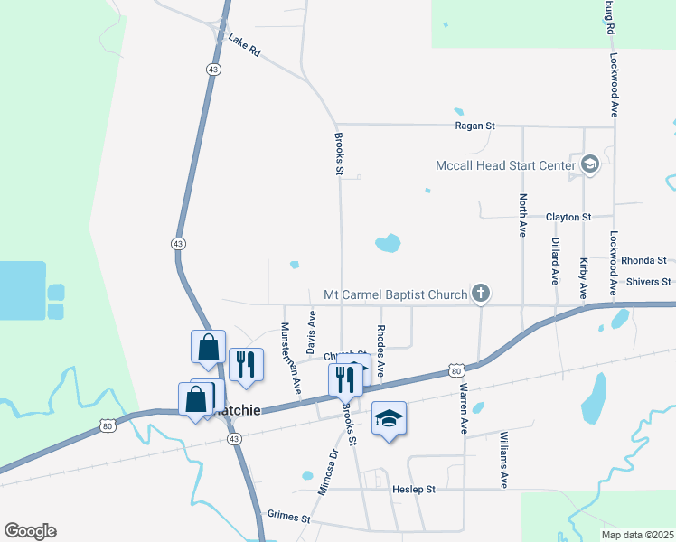 map of restaurants, bars, coffee shops, grocery stores, and more near 308 Brooks Street in Pelahatchie
