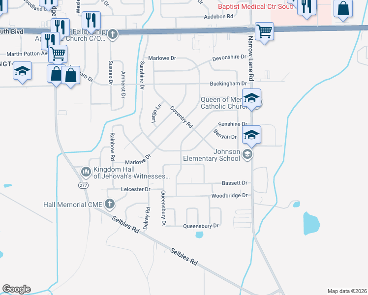 map of restaurants, bars, coffee shops, grocery stores, and more near 4606 Sunshine Drive in Montgomery