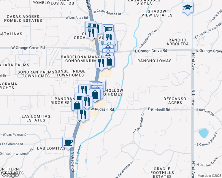 map of restaurants, bars, coffee shops, grocery stores, and more near 6100 North Serendipity Lane in Tucson