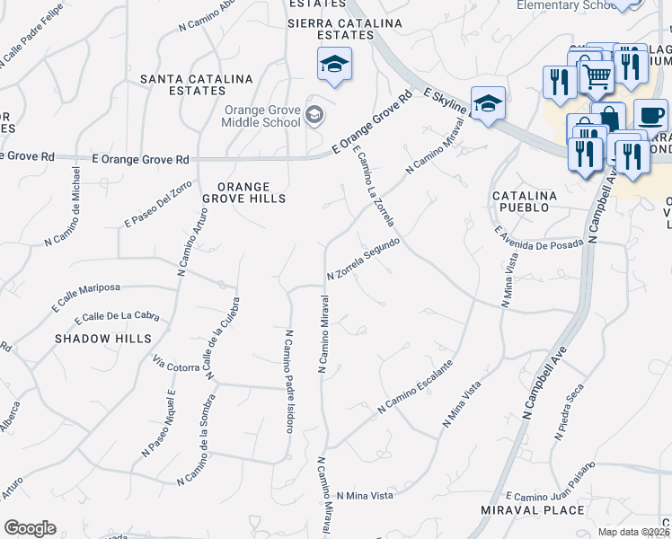 map of restaurants, bars, coffee shops, grocery stores, and more near 6100 North Camino Miraval in Tucson