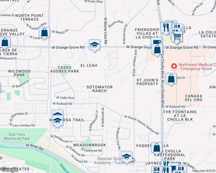 map of restaurants, bars, coffee shops, grocery stores, and more near 6080 North Mona Lisa Road in Tucson