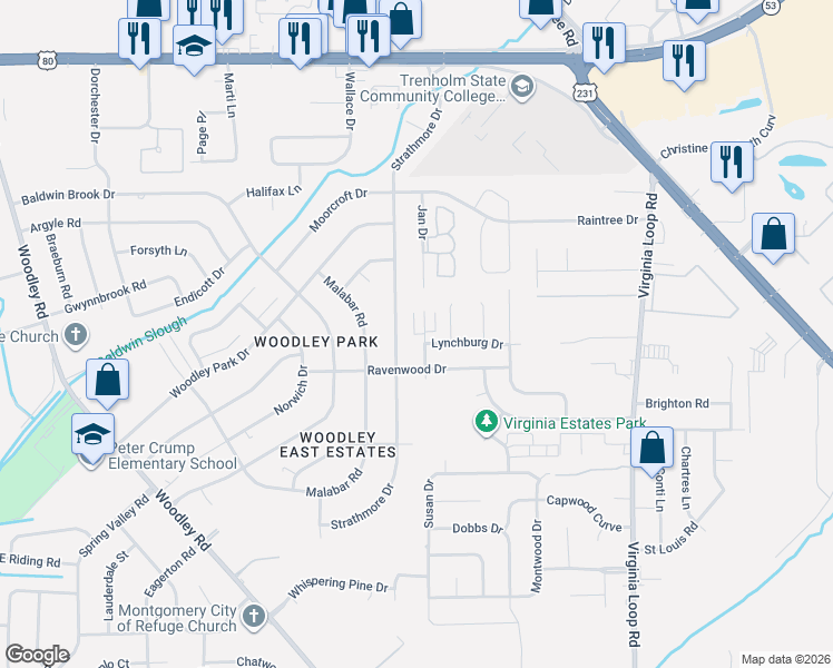 map of restaurants, bars, coffee shops, grocery stores, and more near 3120 Lynchburg Drive in Montgomery