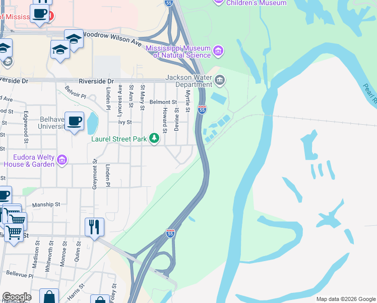 map of restaurants, bars, coffee shops, grocery stores, and more near 140 Pinehaven Drive in Jackson