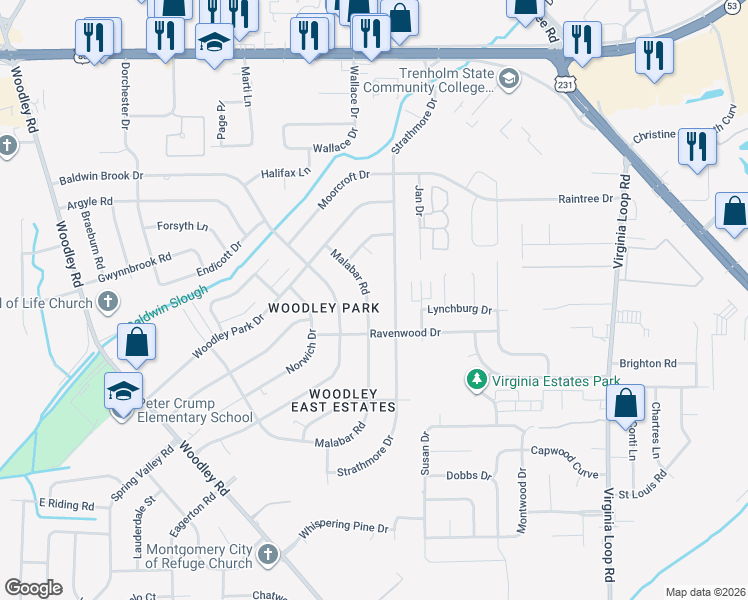 map of restaurants, bars, coffee shops, grocery stores, and more near 4007 Strathmore Drive in Montgomery