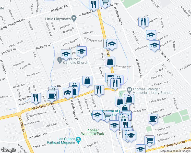 map of restaurants, bars, coffee shops, grocery stores, and more near 1018 North Alameda Boulevard in Las Cruces