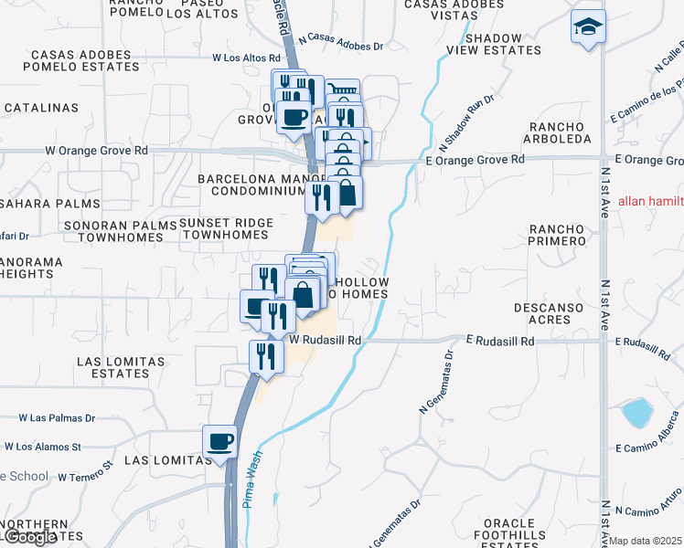 map of restaurants, bars, coffee shops, grocery stores, and more near 6200 North Oracle Road in Tucson