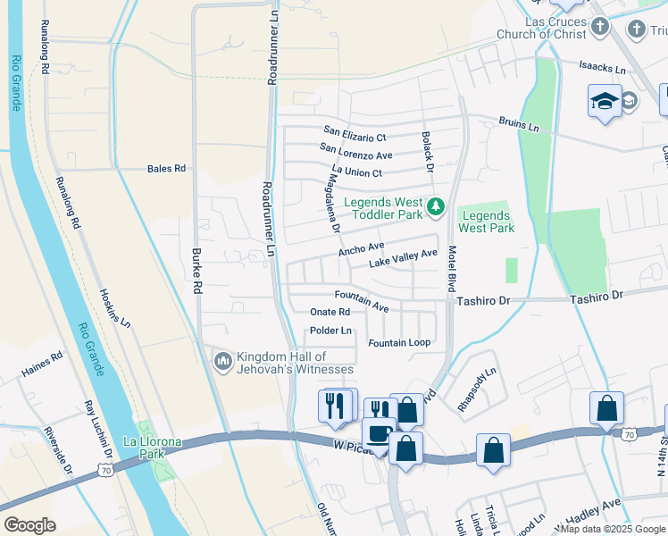 map of restaurants, bars, coffee shops, grocery stores, and more near 1383 Espejo Court in Las Cruces