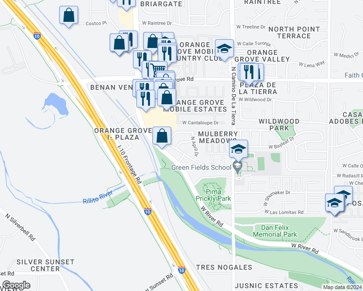 map of restaurants, bars, coffee shops, grocery stores, and more near 3591 West Trevor Drive in Tucson