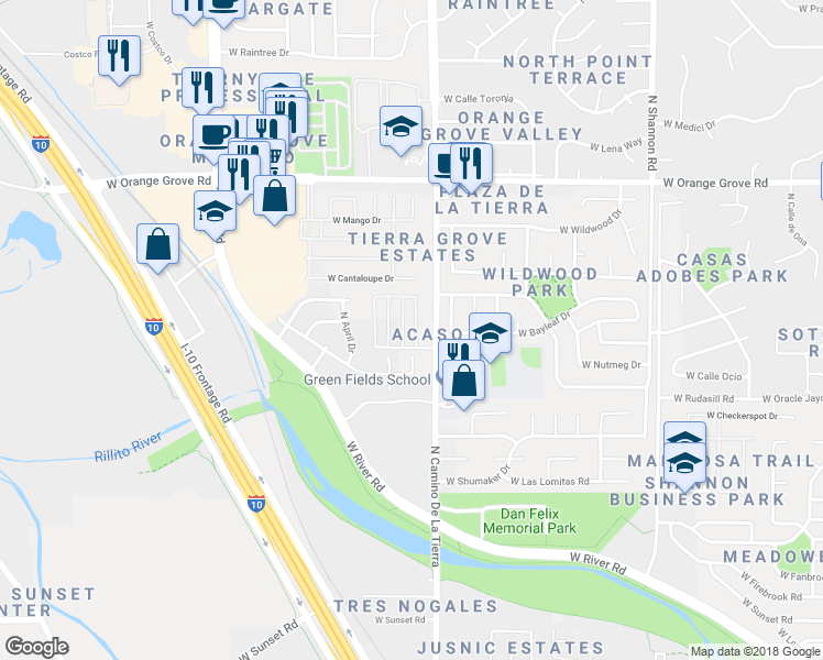 map of restaurants, bars, coffee shops, grocery stores, and more near 6121 North Pepper Tree Lane in Tucson