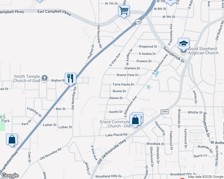 map of restaurants, bars, coffee shops, grocery stores, and more near 1613 Terre Haute Drive in Tyler