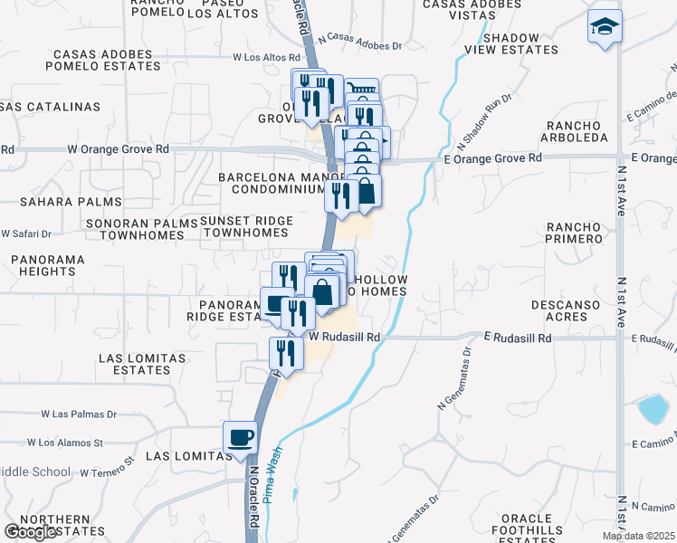 map of restaurants, bars, coffee shops, grocery stores, and more near 6200 North Oracle Road in Tucson