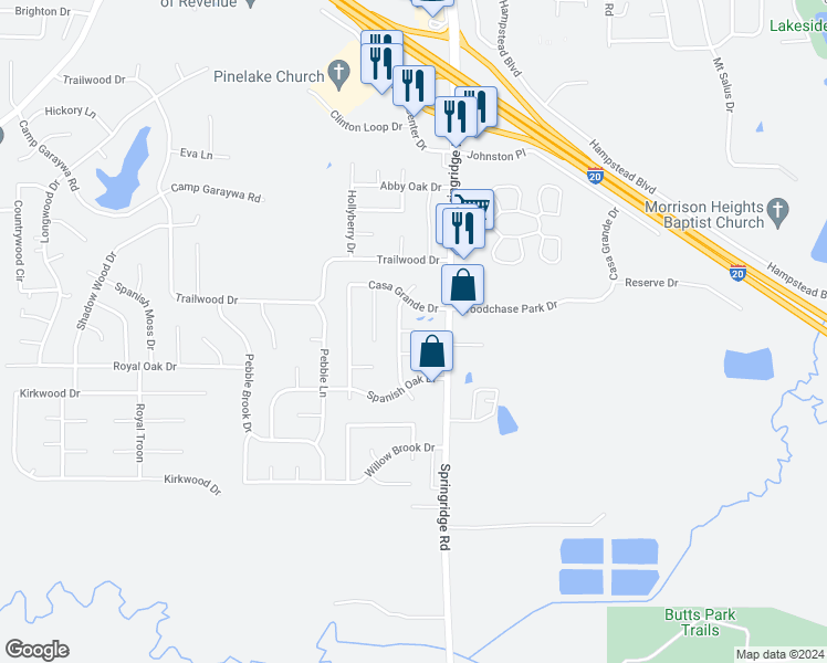 map of restaurants, bars, coffee shops, grocery stores, and more near 109 Casa Grande Dr in Clinton