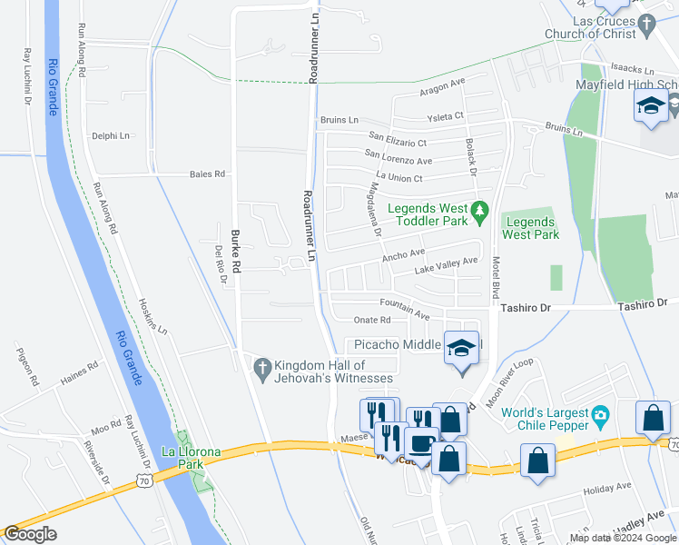 map of restaurants, bars, coffee shops, grocery stores, and more near 1391 Anasazi Court in Las Cruces