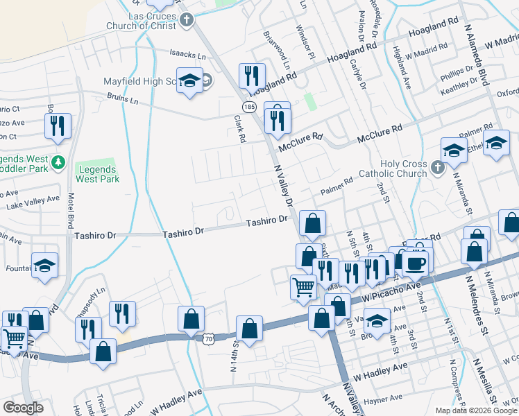 map of restaurants, bars, coffee shops, grocery stores, and more near 1571 Medina Drive in Las Cruces