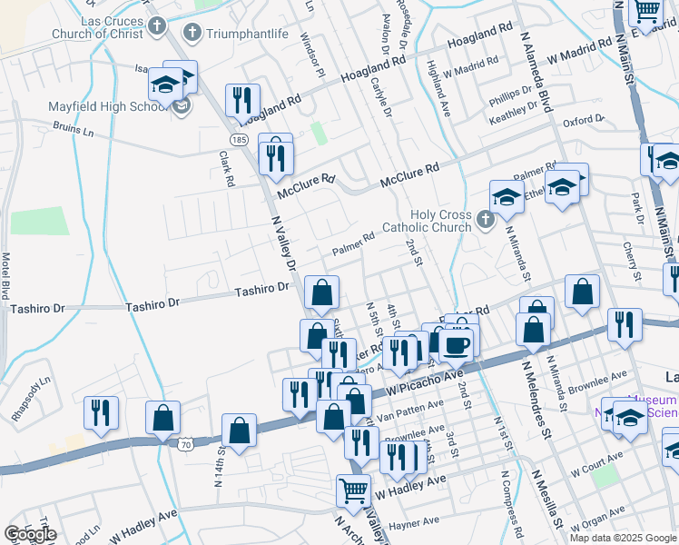 map of restaurants, bars, coffee shops, grocery stores, and more near 1255 Palmer Road in Las Cruces