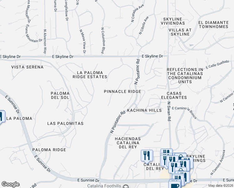 map of restaurants, bars, coffee shops, grocery stores, and more near 4374 East Pinnacle Ridge Place in Tucson