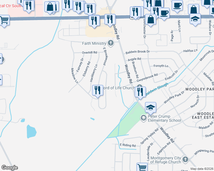 map of restaurants, bars, coffee shops, grocery stores, and more near 3323 Brookwood Drive in Montgomery