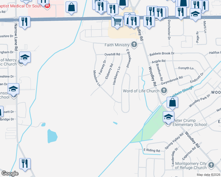 map of restaurants, bars, coffee shops, grocery stores, and more near 3264 Hackberry Lane in Montgomery
