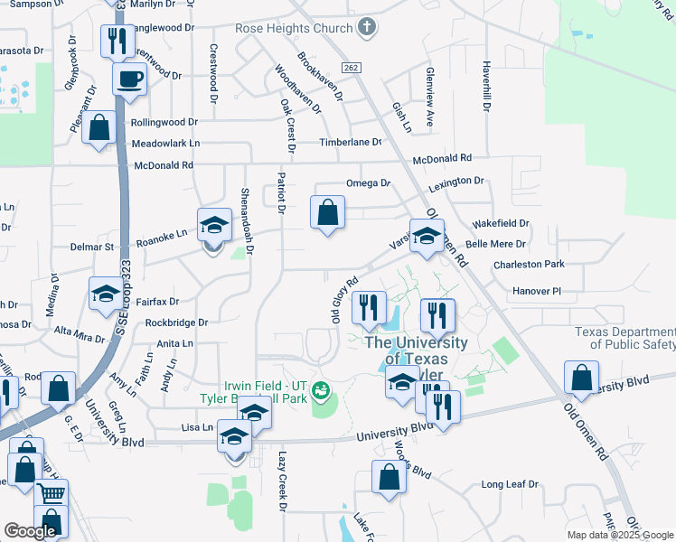 map of restaurants, bars, coffee shops, grocery stores, and more near 3130 Varsity Drive in Tyler