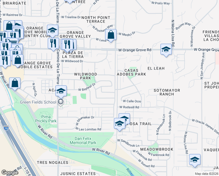 map of restaurants, bars, coffee shops, grocery stores, and more near 2929 West Watercress Drive in Tucson