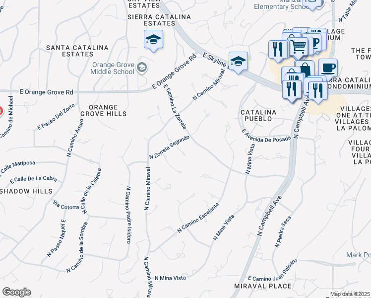 map of restaurants, bars, coffee shops, grocery stores, and more near 2201 East Cerrada Bala in Tucson