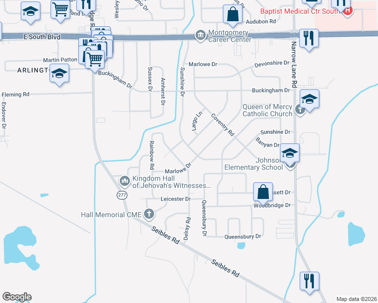 map of restaurants, bars, coffee shops, grocery stores, and more near 4418 Sunshine Drive in Montgomery