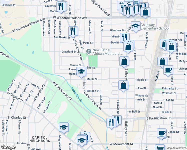 map of restaurants, bars, coffee shops, grocery stores, and more near 618 Randall Street in Jackson
