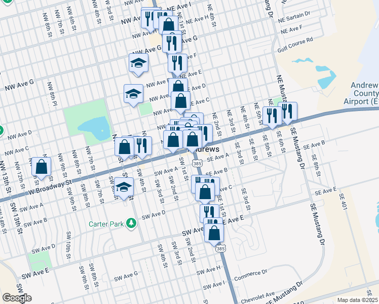 map of restaurants, bars, coffee shops, grocery stores, and more near 100-156 Northwest 1st Street in Andrews