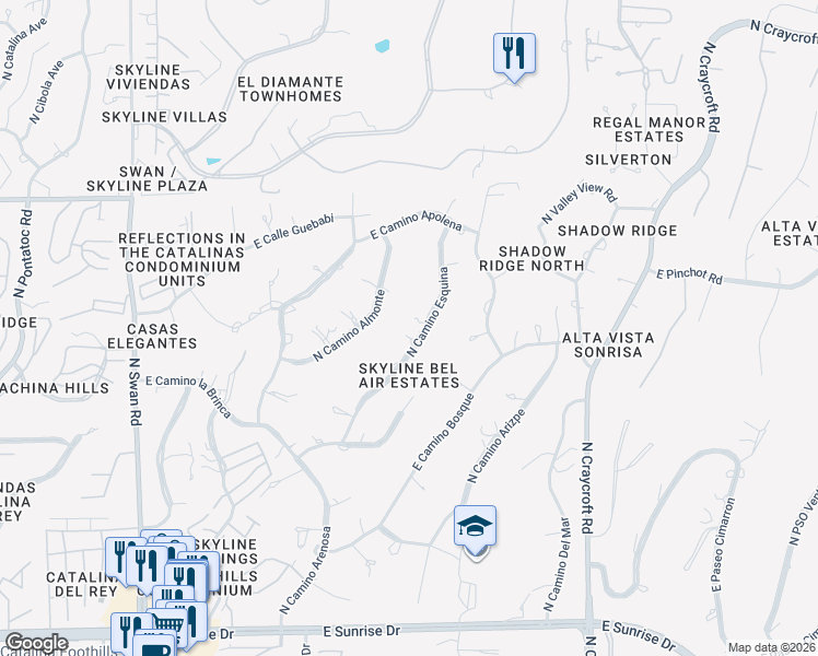 map of restaurants, bars, coffee shops, grocery stores, and more near 6141 North Camino Esquina in Tucson