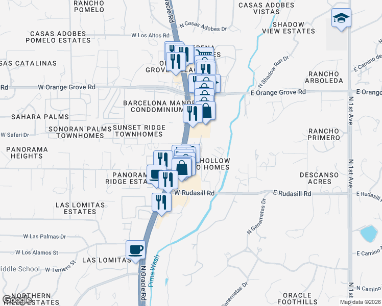 map of restaurants, bars, coffee shops, grocery stores, and more near 6200 North Oracle Road in Tucson
