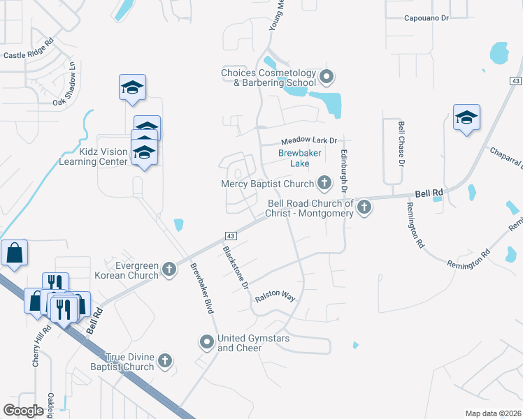 map of restaurants, bars, coffee shops, grocery stores, and more near 5050 Bell Road in Montgomery