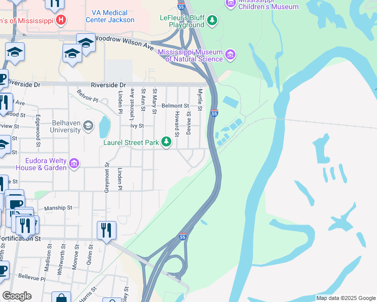 map of restaurants, bars, coffee shops, grocery stores, and more near 1510 Devine Street in Jackson