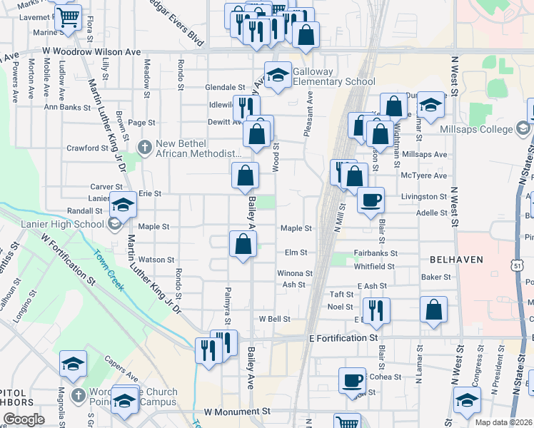 map of restaurants, bars, coffee shops, grocery stores, and more near 1430 Bailey Avenue in Jackson