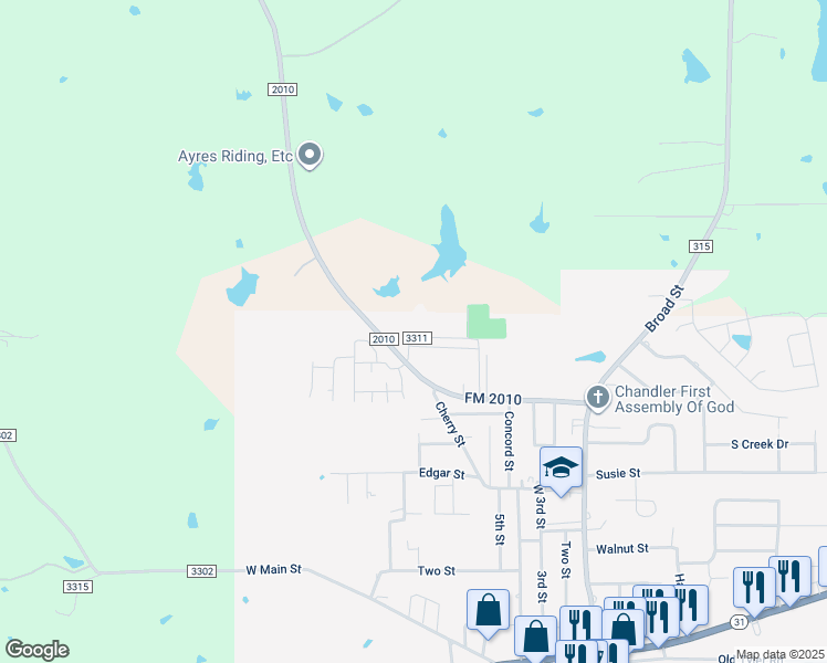 map of restaurants, bars, coffee shops, grocery stores, and more near 210 County Road 3311 in Chandler