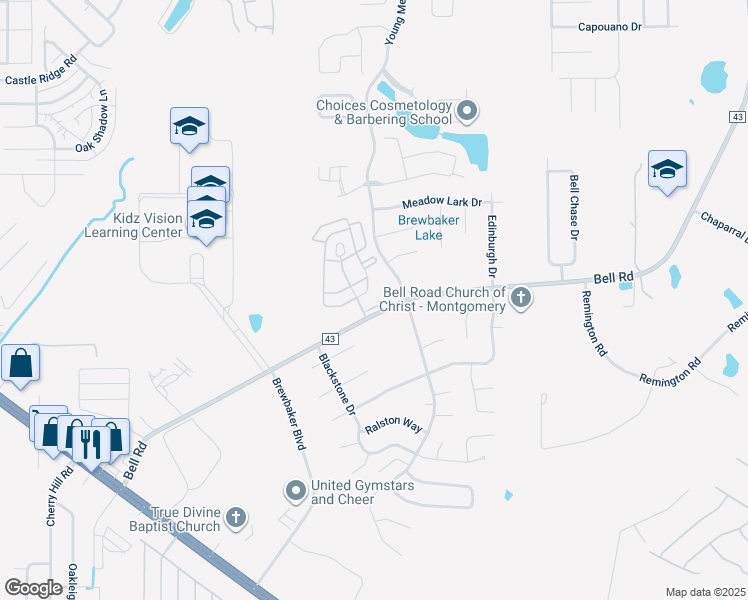 map of restaurants, bars, coffee shops, grocery stores, and more near 5050 Bell Road in Montgomery