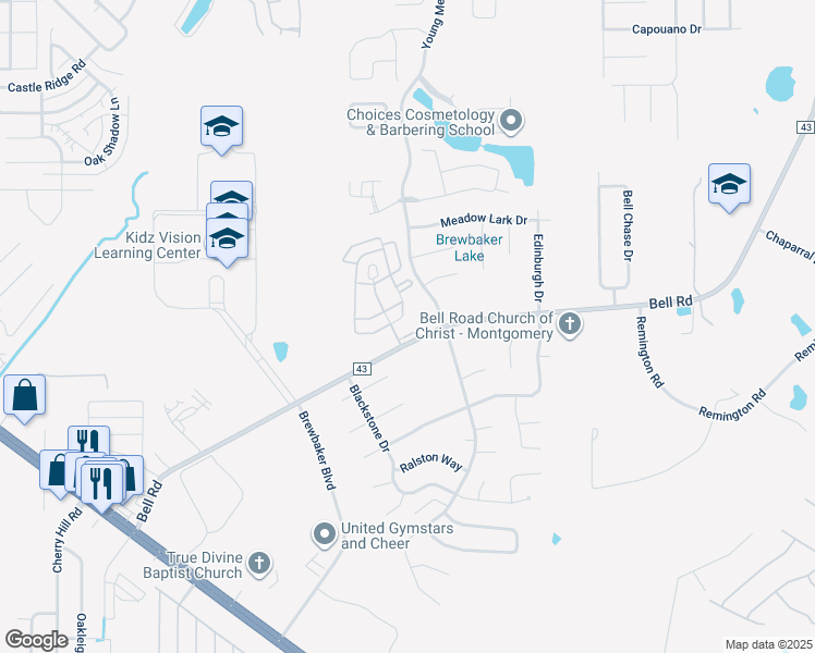 map of restaurants, bars, coffee shops, grocery stores, and more near 5050 Bell Road in Montgomery