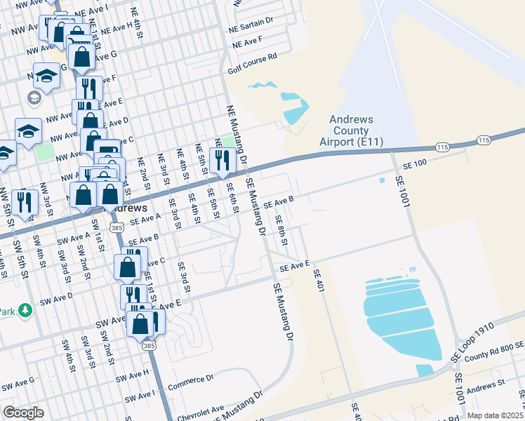map of restaurants, bars, coffee shops, grocery stores, and more near 801-809 Southeast Ave B in Andrews