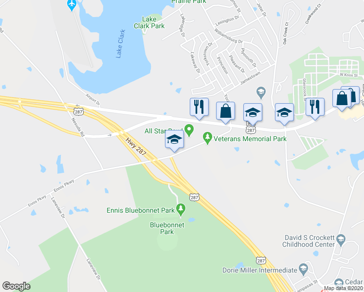 map of restaurants, bars, coffee shops, grocery stores, and more near 2600 Ennis Parkway in Ennis