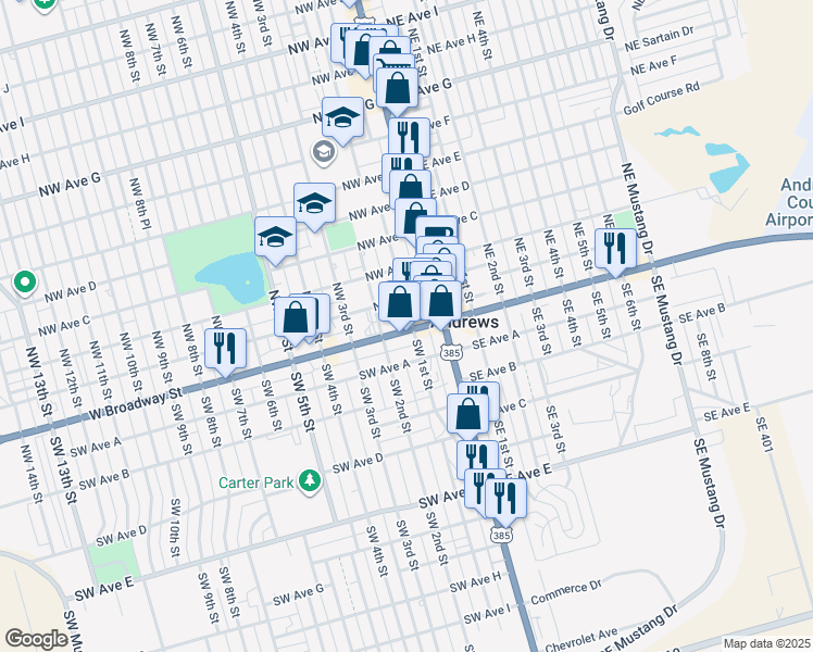 map of restaurants, bars, coffee shops, grocery stores, and more near 156 Northwest 1st Street in Andrews