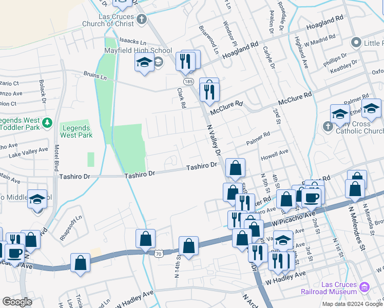 map of restaurants, bars, coffee shops, grocery stores, and more near 1577 Medina Drive in Las Cruces