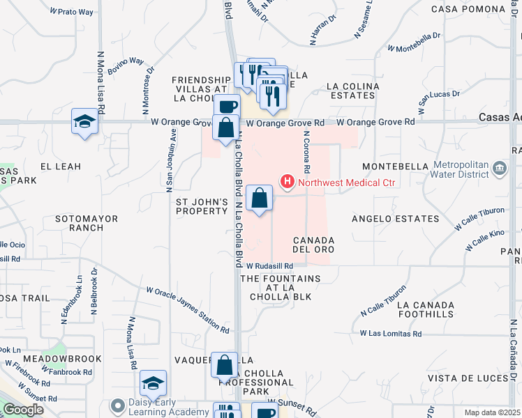 map of restaurants, bars, coffee shops, grocery stores, and more near 2053 West Hospital Drive in Tucson