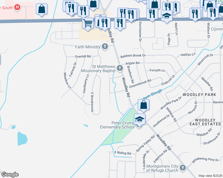map of restaurants, bars, coffee shops, grocery stores, and more near 3271 Windwood Drive in Montgomery