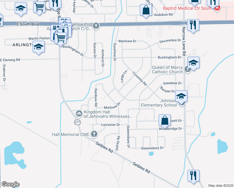 map of restaurants, bars, coffee shops, grocery stores, and more near 4400 Sunshine Drive in Montgomery