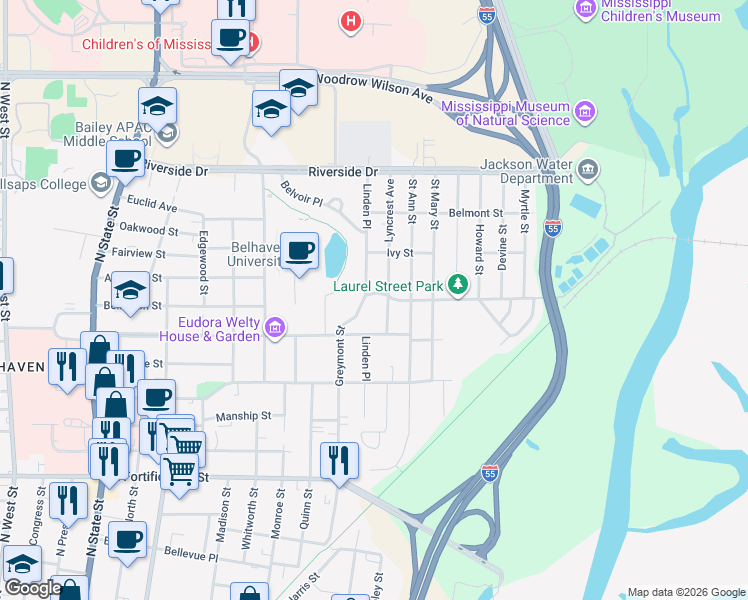 map of restaurants, bars, coffee shops, grocery stores, and more near 1506 Greymont Avenue in Jackson