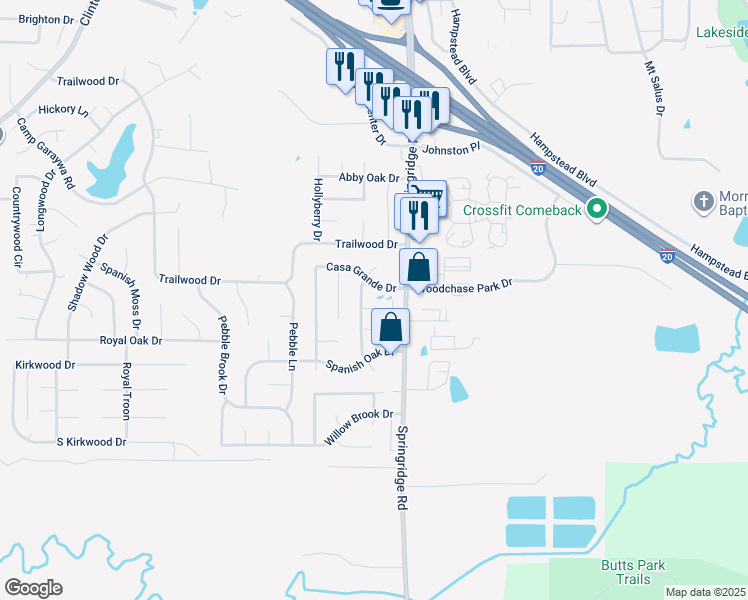 map of restaurants, bars, coffee shops, grocery stores, and more near 109 Casa Grande Dr in Clinton