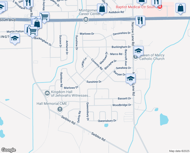 map of restaurants, bars, coffee shops, grocery stores, and more near 1213 Biscayne Drive in Montgomery