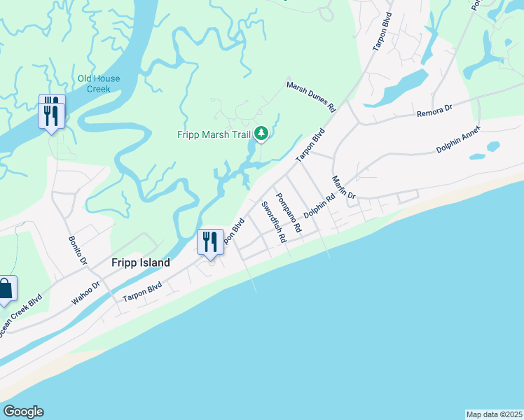 map of restaurants, bars, coffee shops, grocery stores, and more near 701 Swordfish Road in Fripp Island
