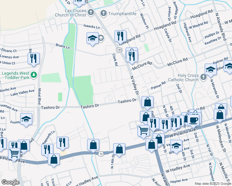 map of restaurants, bars, coffee shops, grocery stores, and more near 1553 Casa Drive in Las Cruces