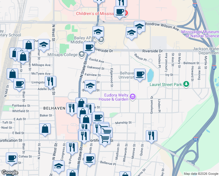 map of restaurants, bars, coffee shops, grocery stores, and more near 844 Belhaven Street in Jackson