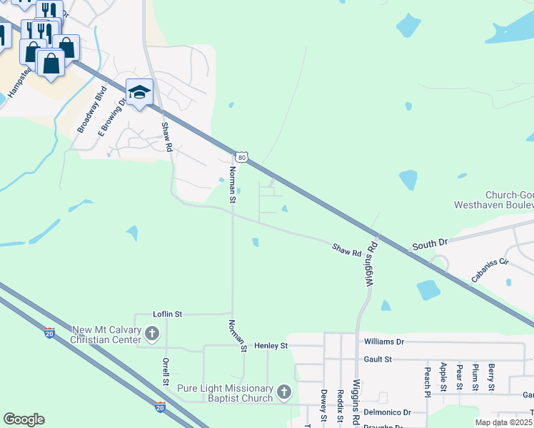 map of restaurants, bars, coffee shops, grocery stores, and more near 5501 Shaw Road in Jackson